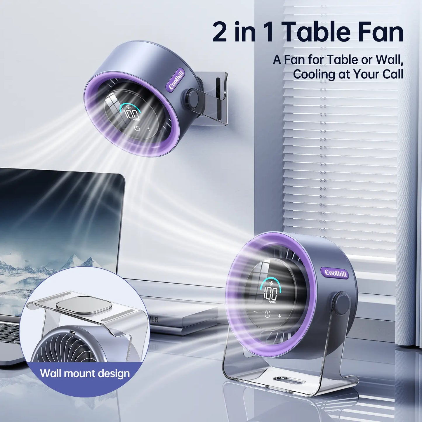Coolhill Desktop Fan Turbo Table Fan 100 Speeds LED