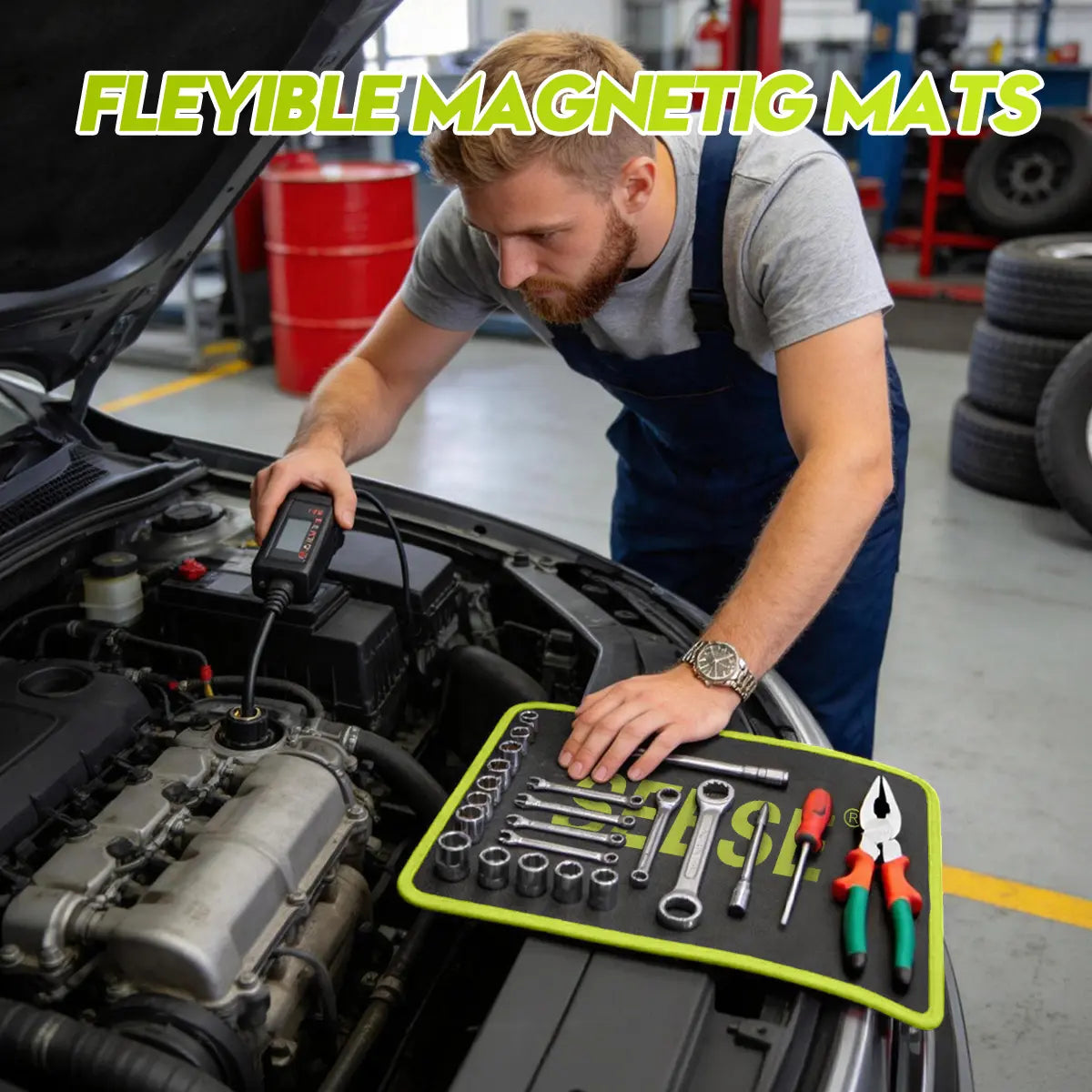 Seese 3PC Flexible Magnetic Tool Mat & Tray Holder for Garage