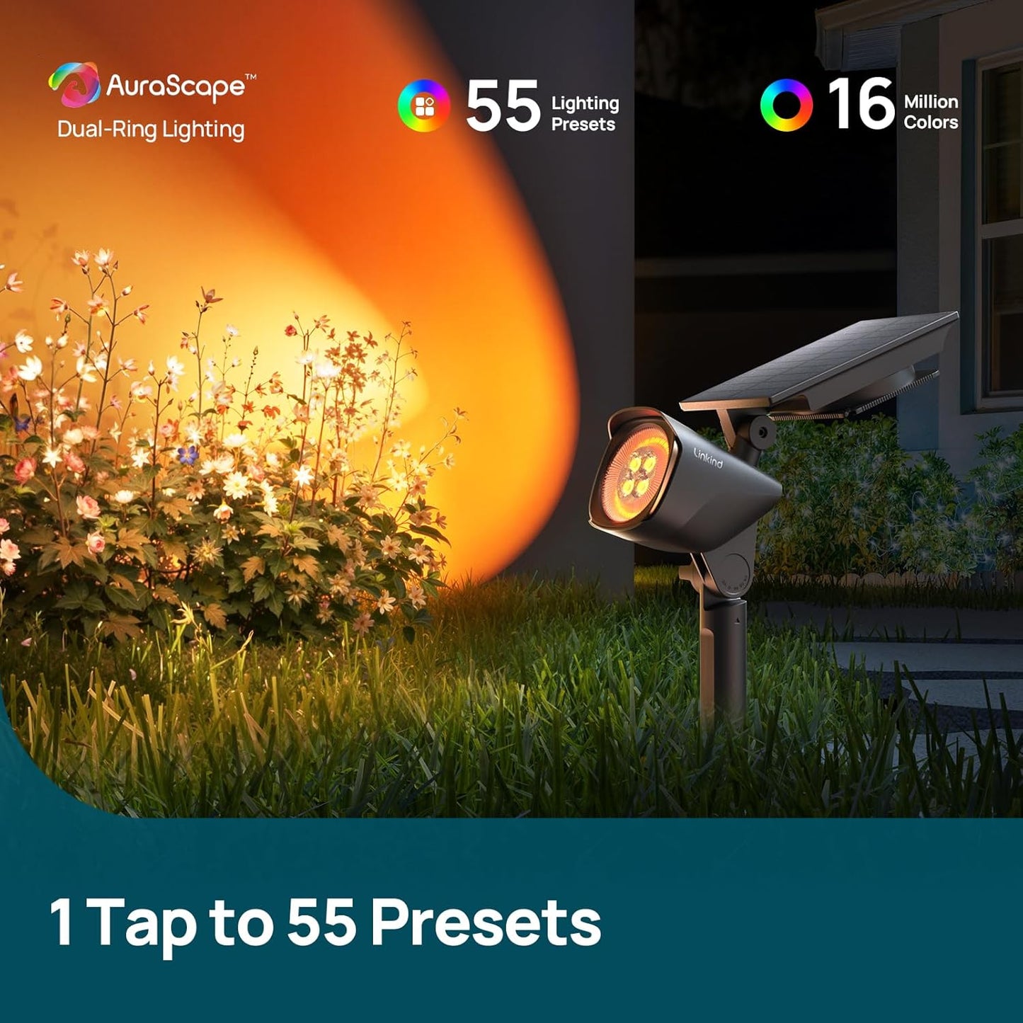 Linkind Smart Solar Spotlights SL6C with Dual-Ring Lighting(App&Voice Control, 16 Million Color, IP66 Waterproof)