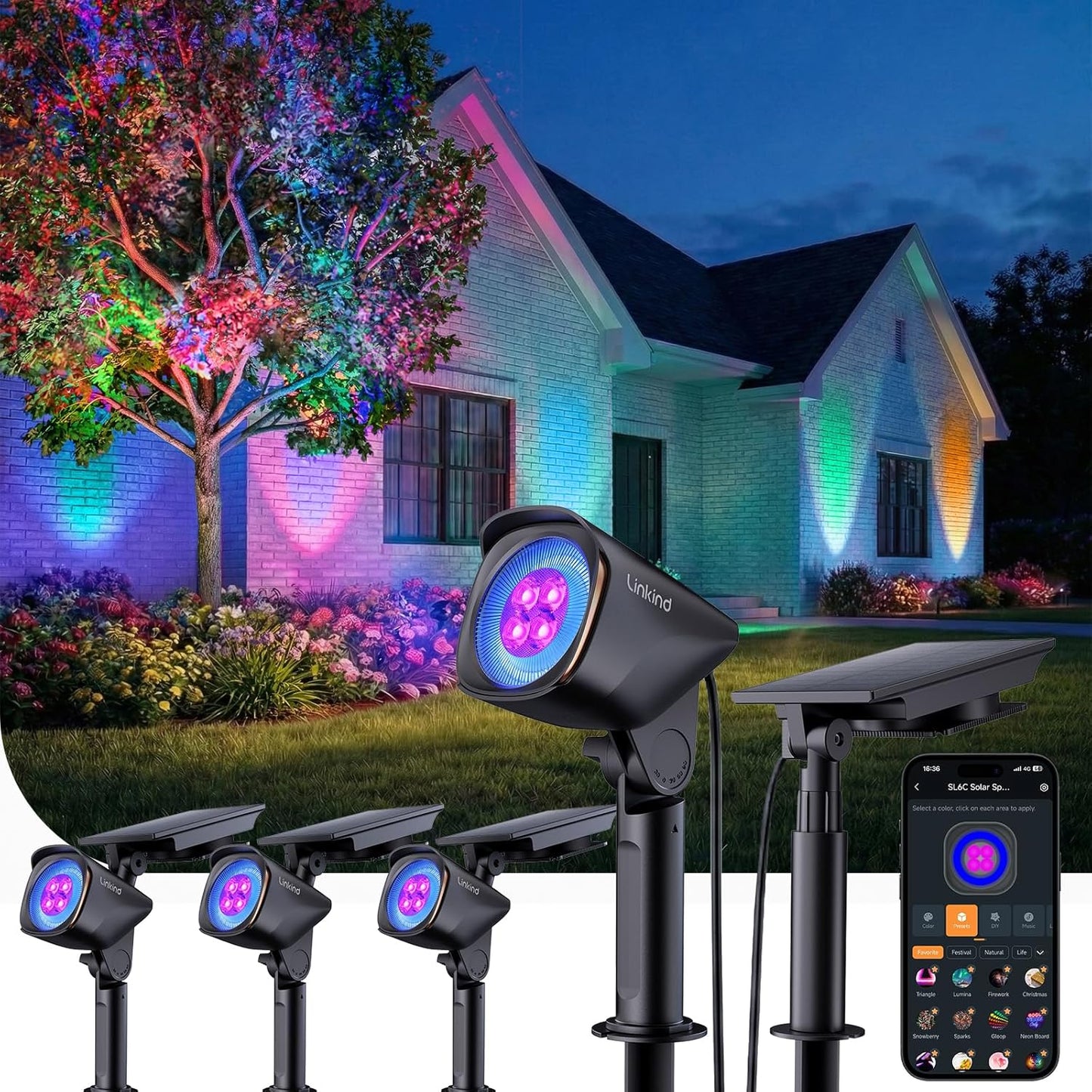 Linkind Smart Solar Spotlights SL6C with Dual-Ring Lighting(App&Voice Control, 16 Million Color, IP66 Waterproof)